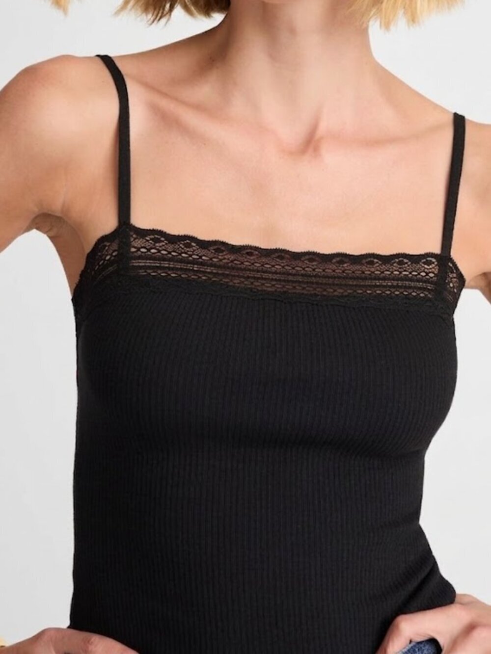 Madewell Lace Trim Ribbed Fitted Square Neck Tank Top Black Size XXS NWT